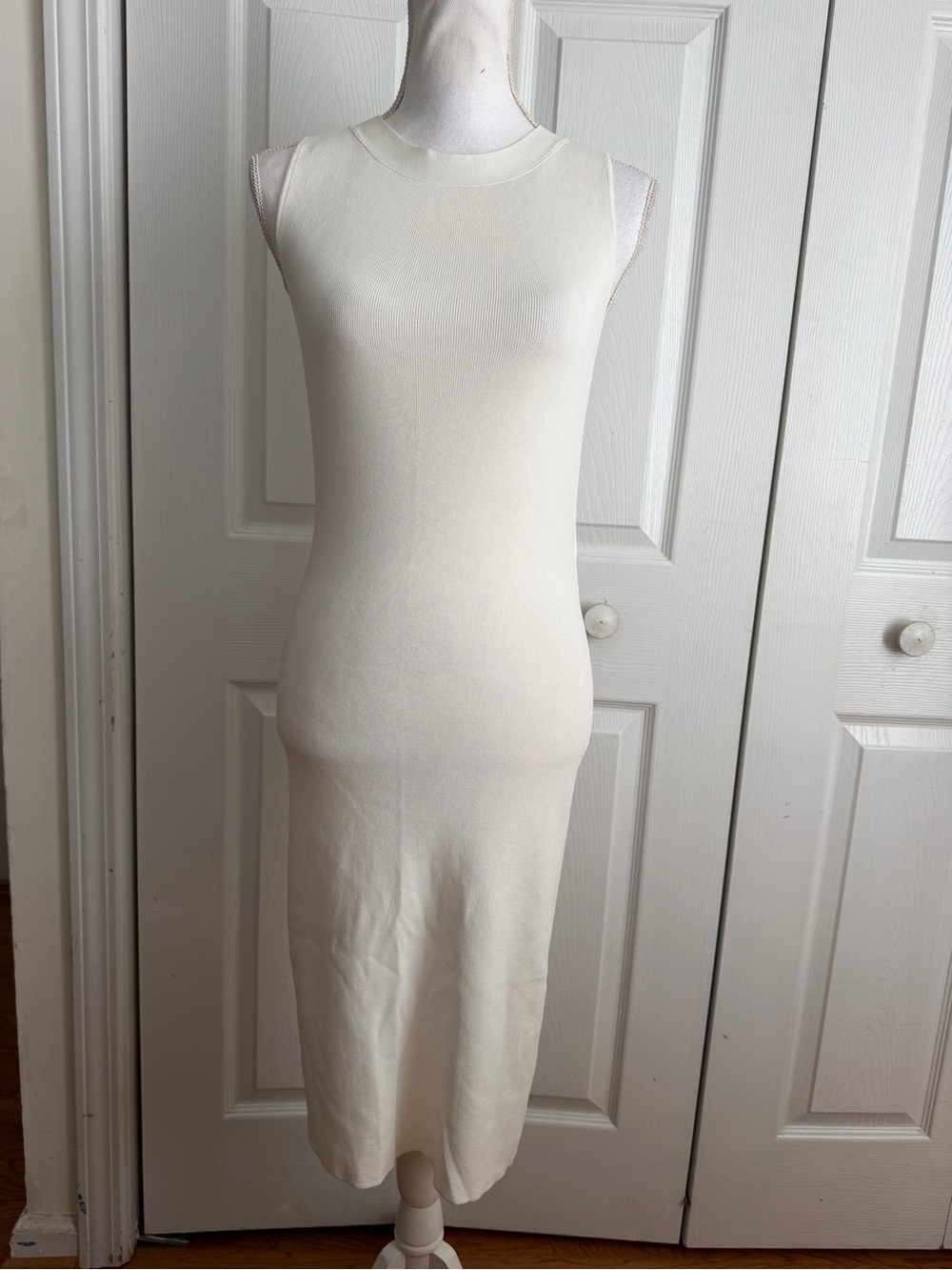 ZARA Knit Bodycon Cocktail Midi Dress w/ Back Cutout Slit White Stretch SMALL